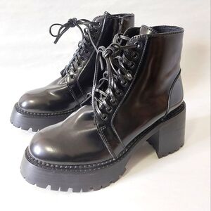 B2 Helter Lace-Up Ankle Boots Women Size 10 Patent Black Leather Chunky Heel